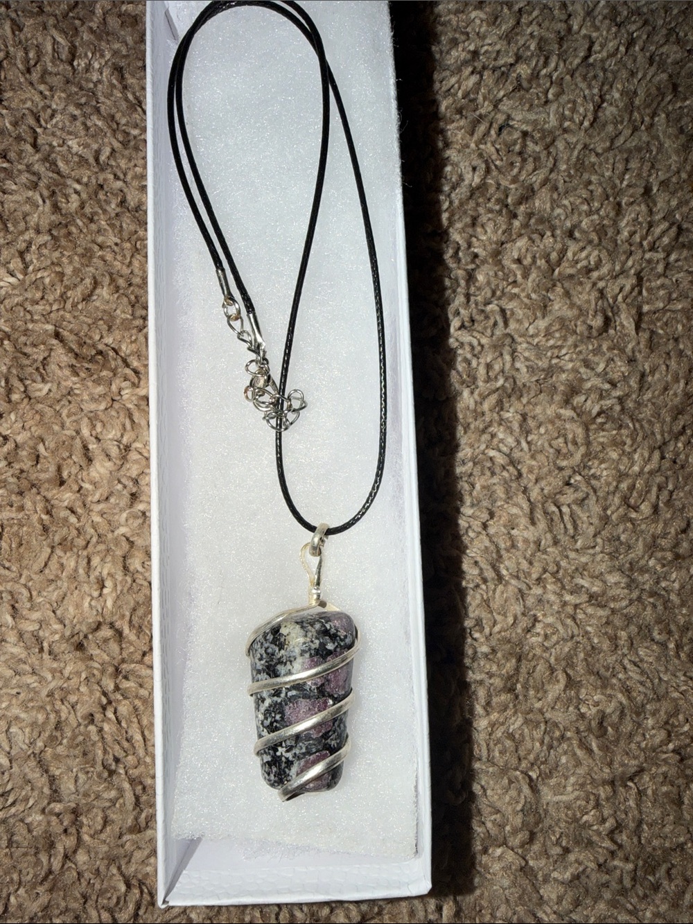 Black Cord Necklace with Pink-Gray Wrapped Stone Pendant